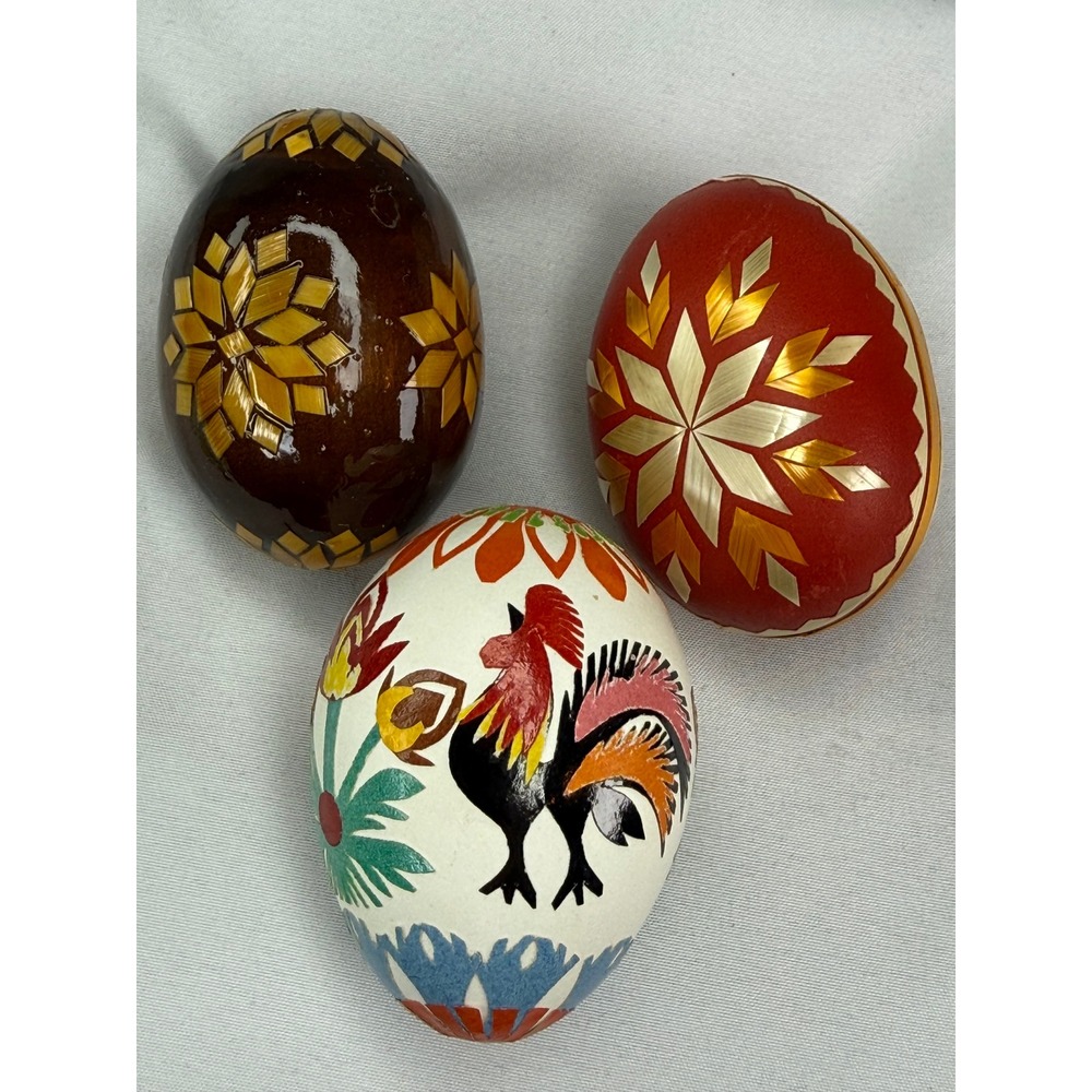 Vintage Polish Easter Eggs Set of 3 Straw Inlay Wycinanki Wood Folk Art Poland